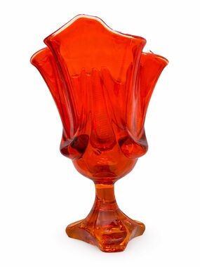 Viking Glass Epic 6 Petal Compote Persimmon Orange MCM Art Glass Footed Bowl